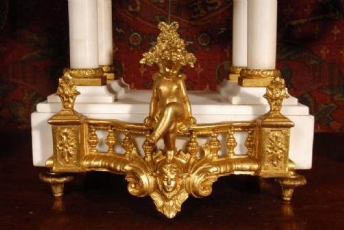 fig 3. **** SOLD **** Gilt Mounted White Marble Portico Clock Set ~ A D Mougin ~